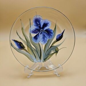 Hand Painted Glass Plate Blue Iris Flower KIG Indonesia 7"